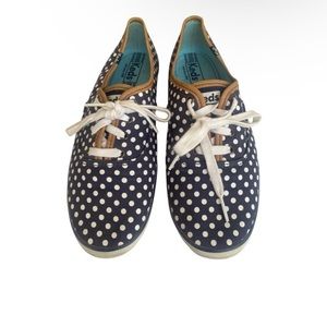 Navy & White Polka Dot Keds - Brown Trim Flats - Casual & Fun - Size 9.5